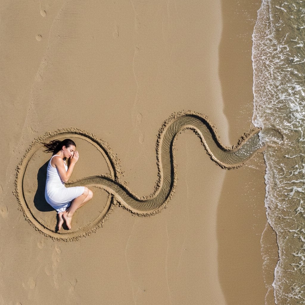 { "intent": { "summary": "Land-art photography of a woman connected to …