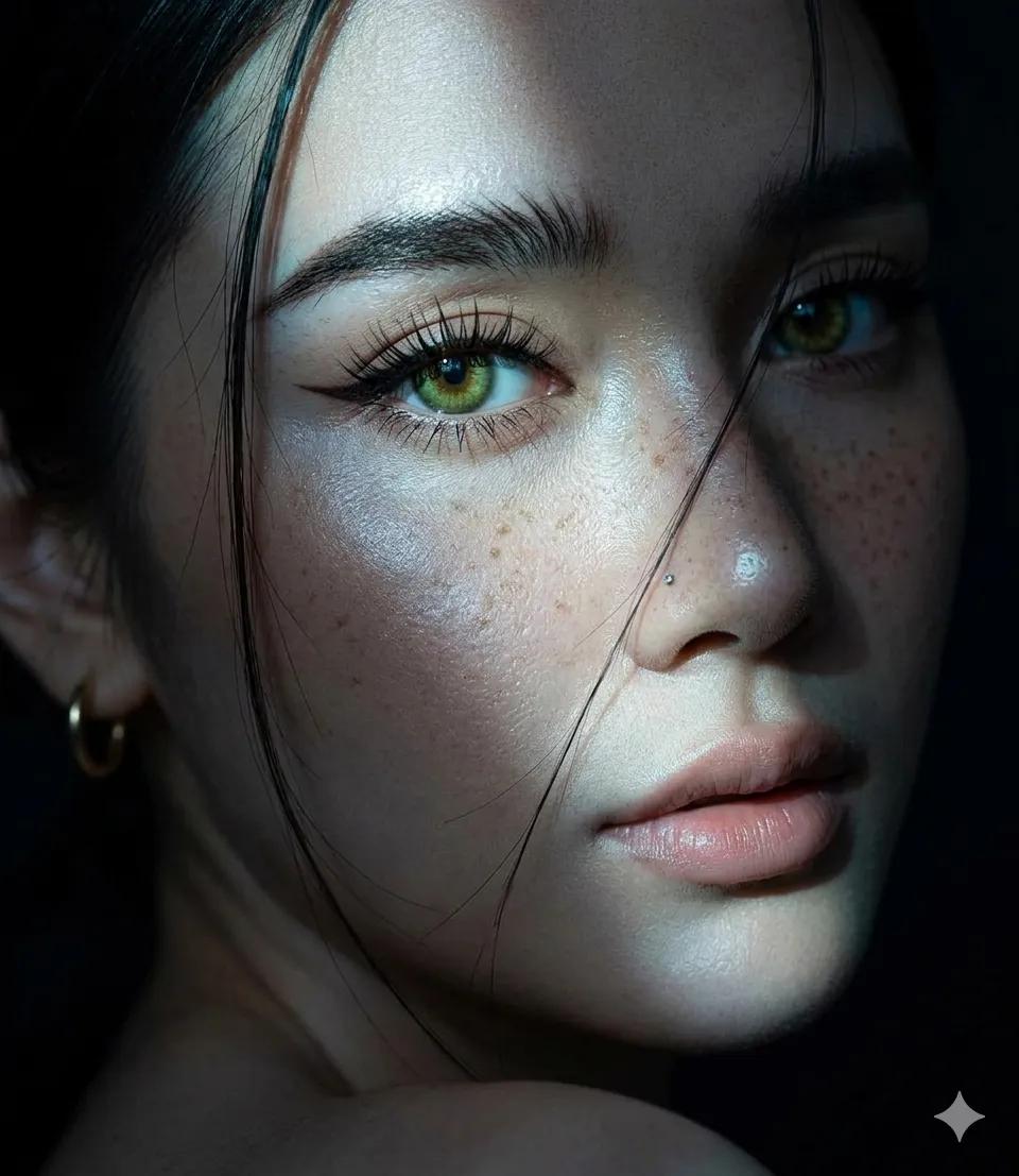 Create an extreme close-up portrait of a beautiful young woman who is t…