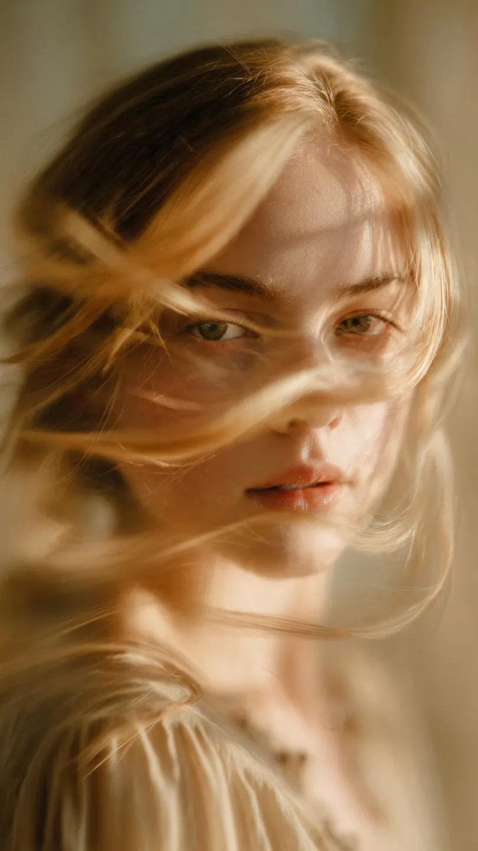 A soft-focus, cinematic portrait of a young woman with delicate facial …