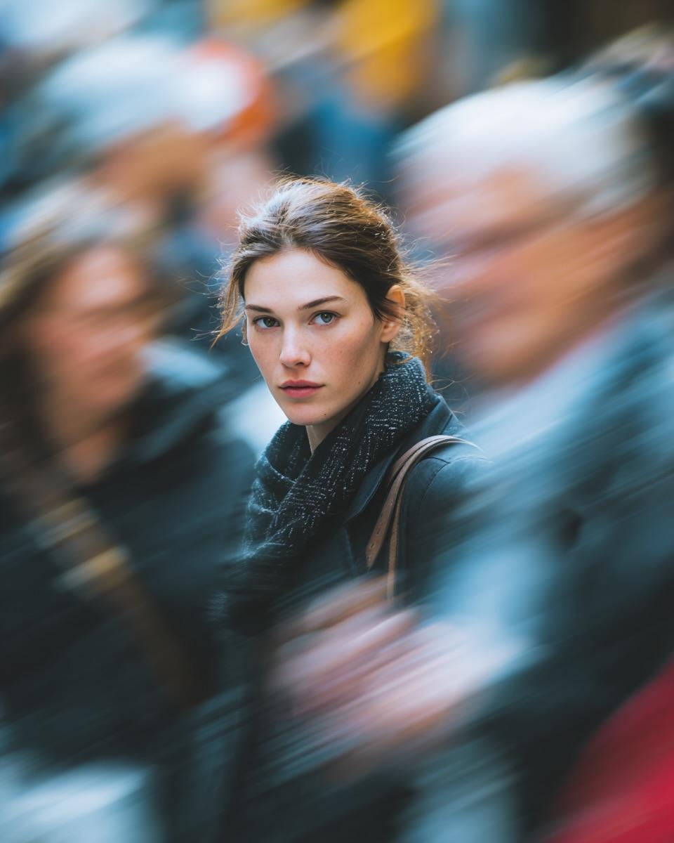 Ultra-realistic cinematic street portrait of a young woman standing sti…