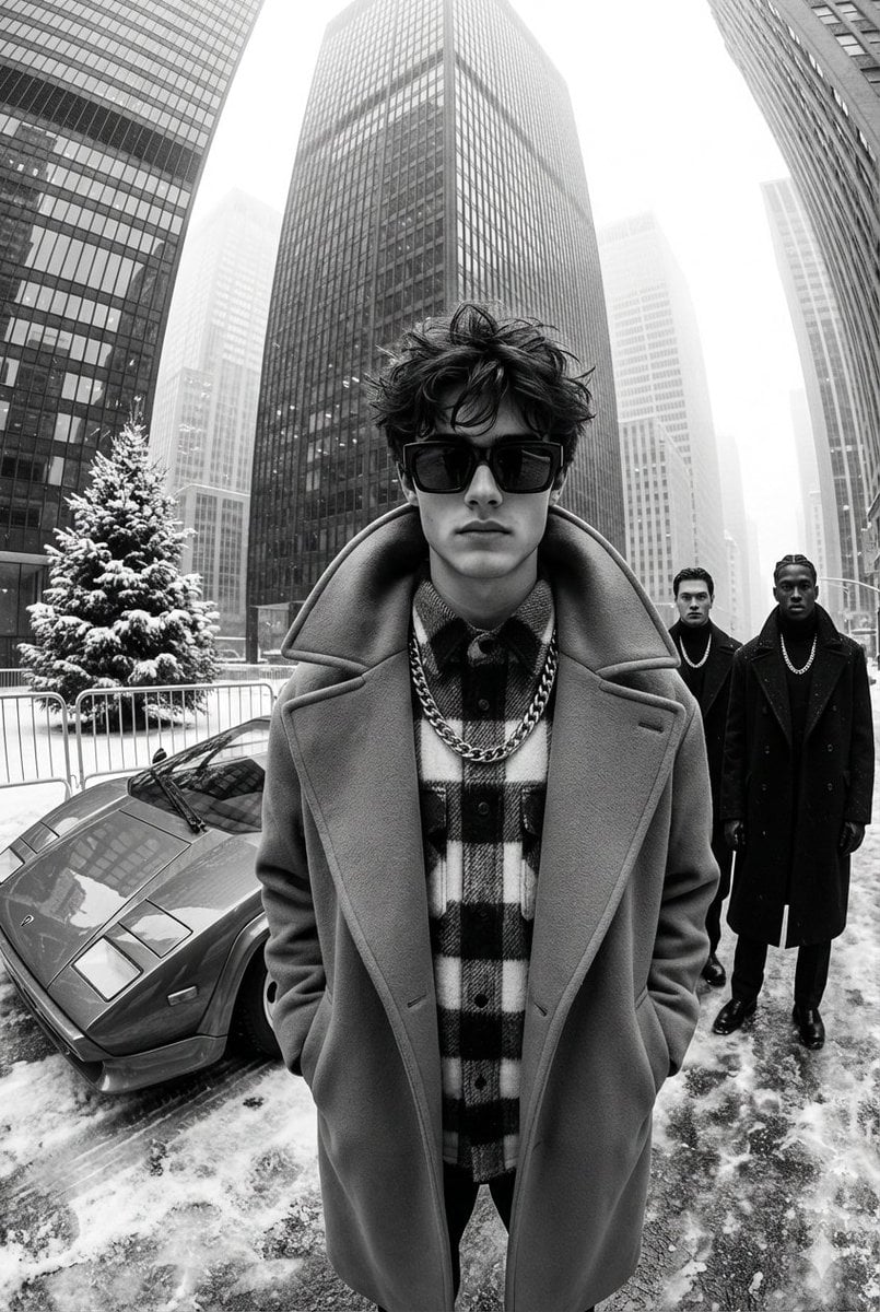 A black-and-white, high-contrast, ultra-glamorous street fashion editor…