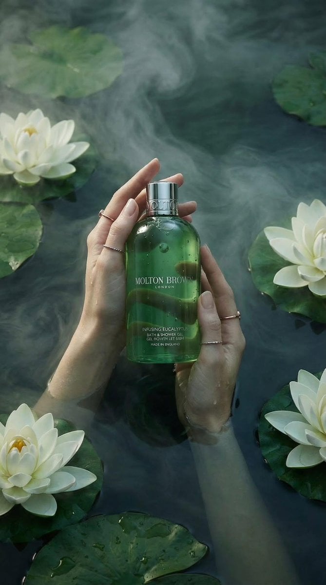 Luxury product photography of a green translucent bath and shower gel b…