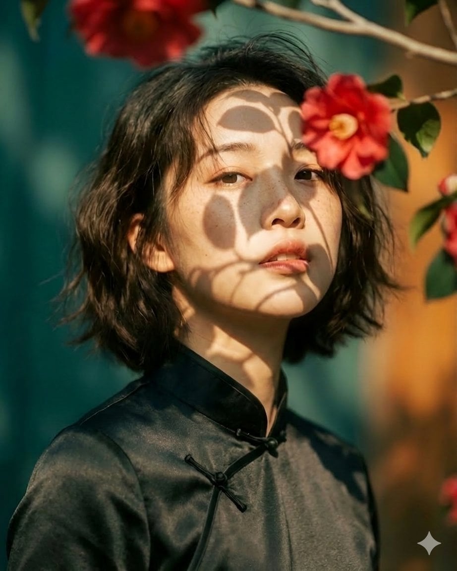 Artistic portrait of an elegant Asian woman wearing a black silk cheong…