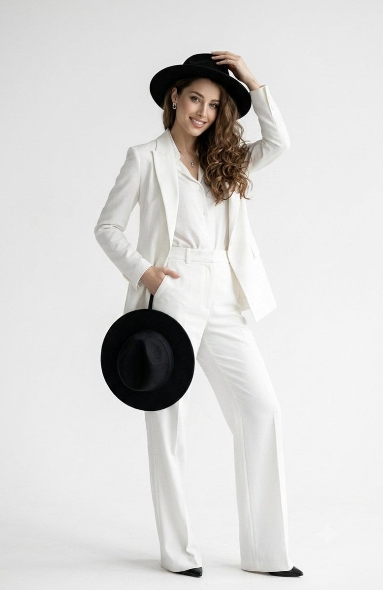 A full-length studio portrait of a confident, smiling woman with long, …