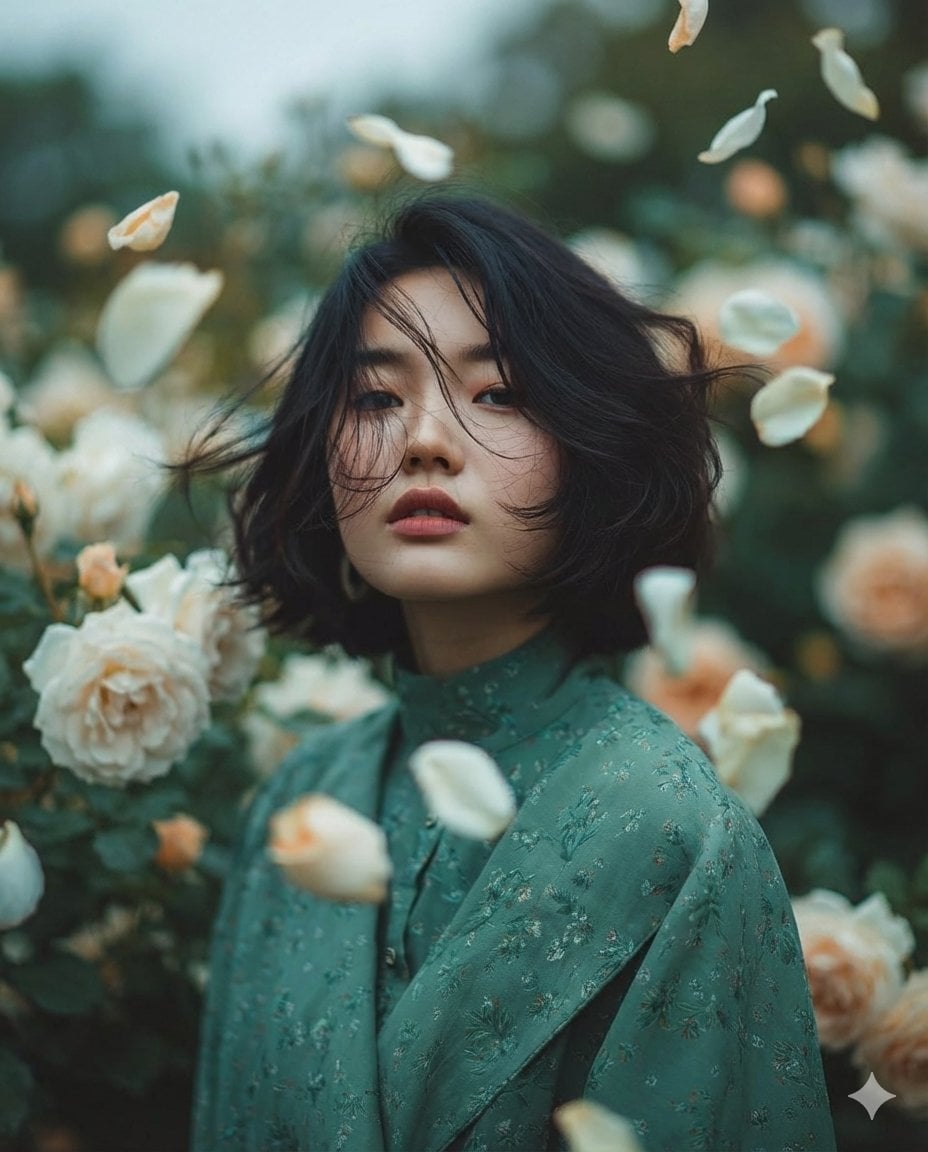 { "Objective": "Create a dreamy fine-art portrait with a romantic, ethe…