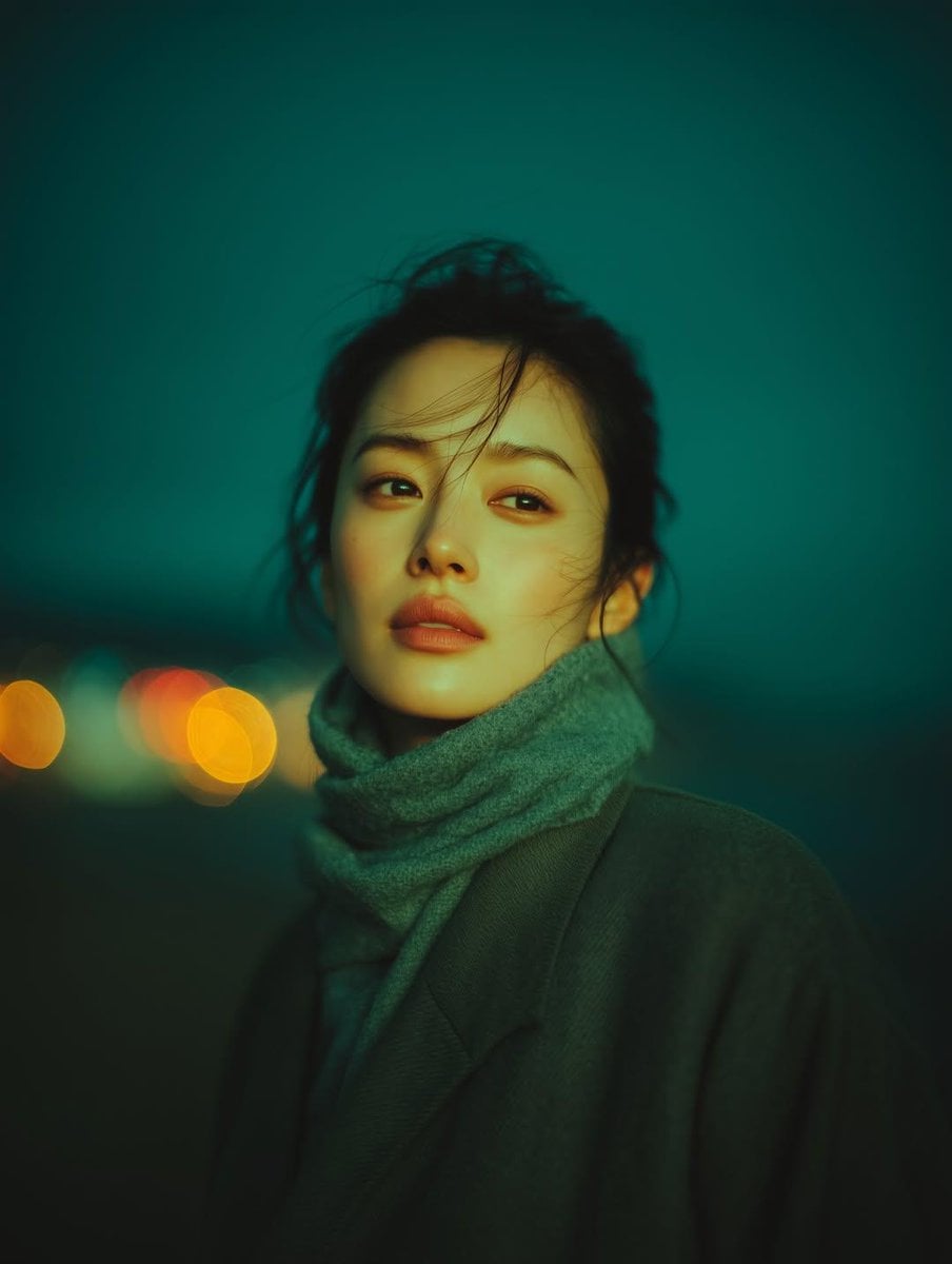 A cinematic night-time portrait of a young woman standing outdoors, sof…