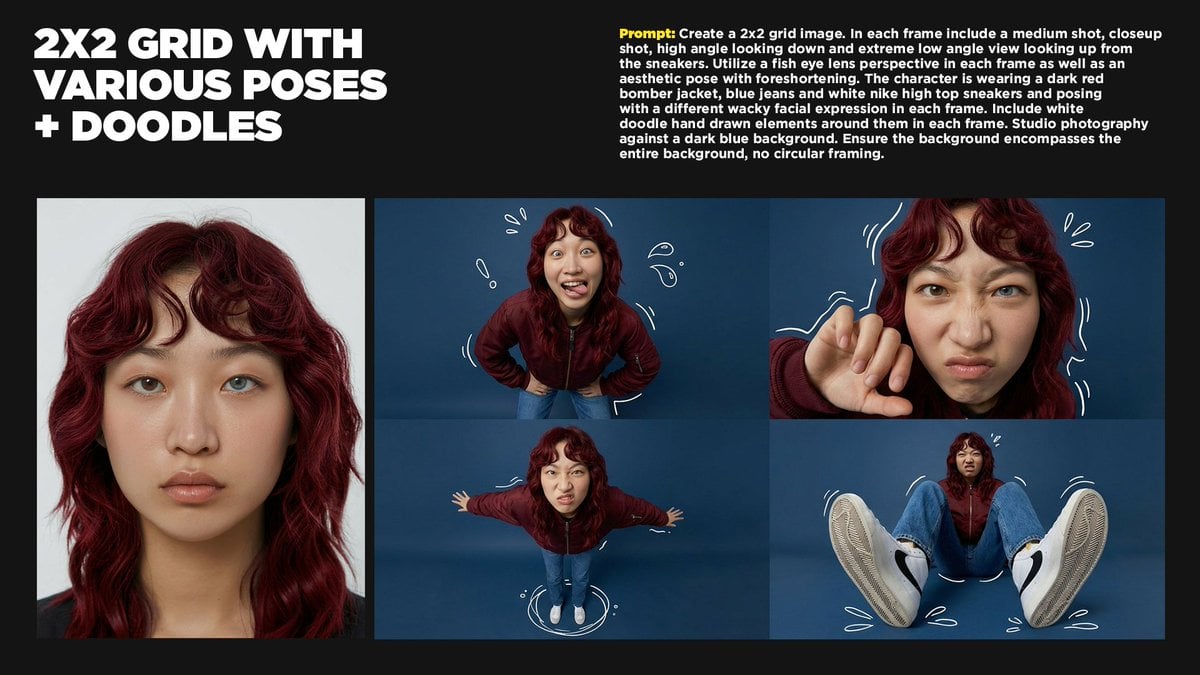 Create a 2x2 grid image. In each frame include a medium shot, closeup s…