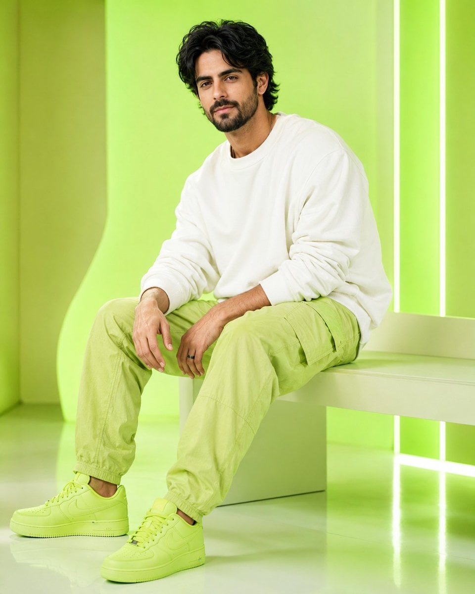 Ultra-realistic fair handsome young Indian man sitting on a modern mini…