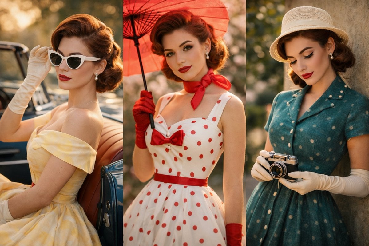 A cinematic vintage fashion portrait of a graceful young woman in a 195…