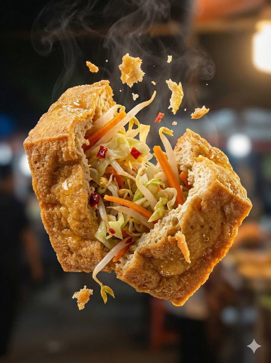 Macro food photography of a crispy martabak telur tearing open mid-air,…