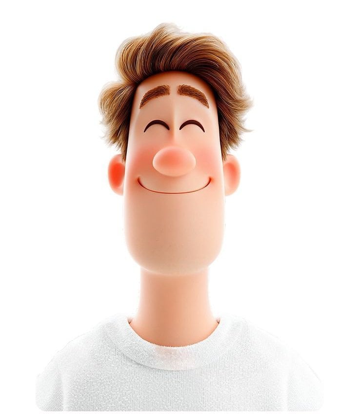 3D avatar of a man, with a happy face on a white background, no necks. …
