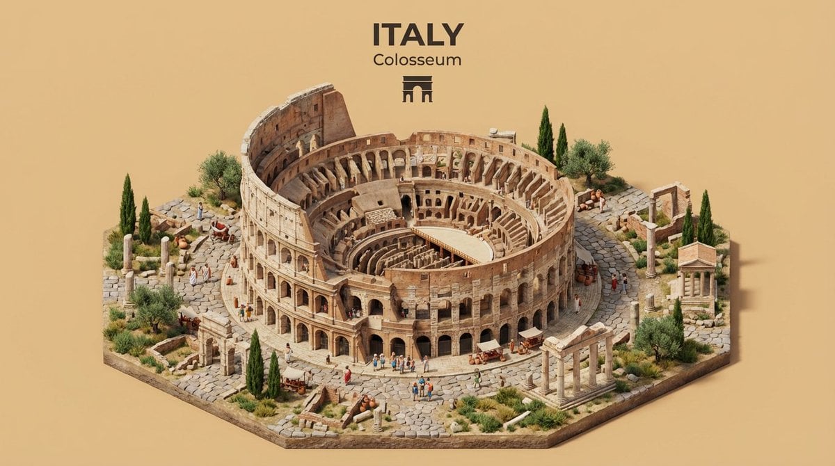 Create an isometric miniature 3D diorama representing the iconic archit…