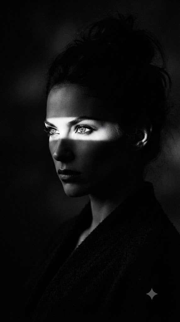 9:16 Aspect ratio A dark, moody low-key black and white cinematic fashi…