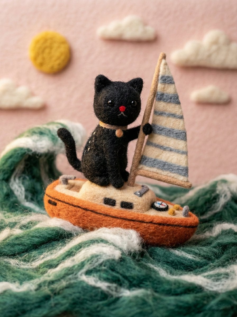 { "target_style": "Handcrafted needle-felted wool miniature", "texture_…