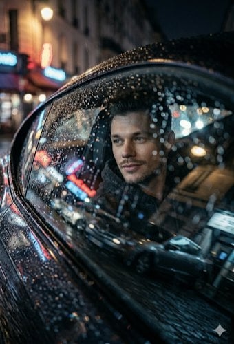 A low-angle, cinematic close-up shot looking through a rain-slicked car…