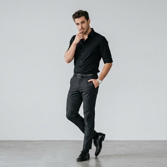 Full-body portrait of a stylish young man standing against a plain ligh…