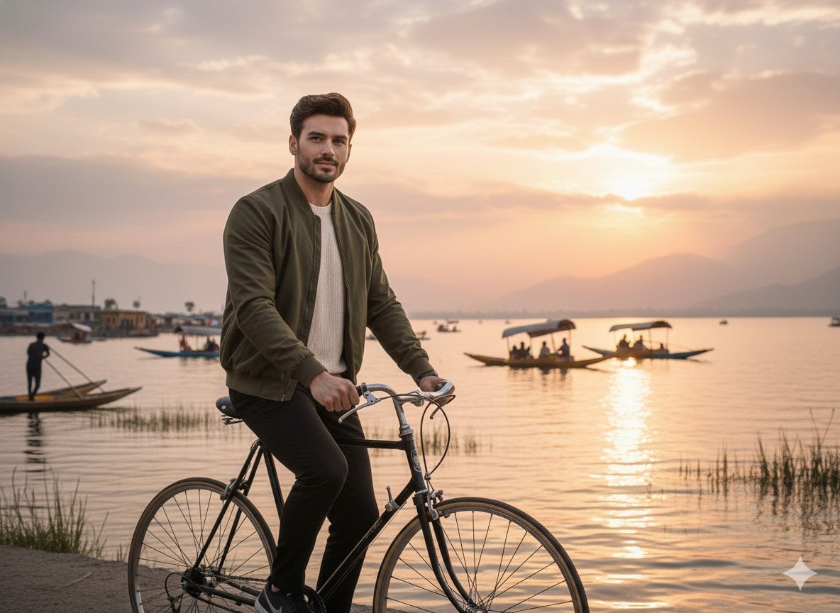 A realistic cinematic photograph of a handsome man riding a bicycle alo…