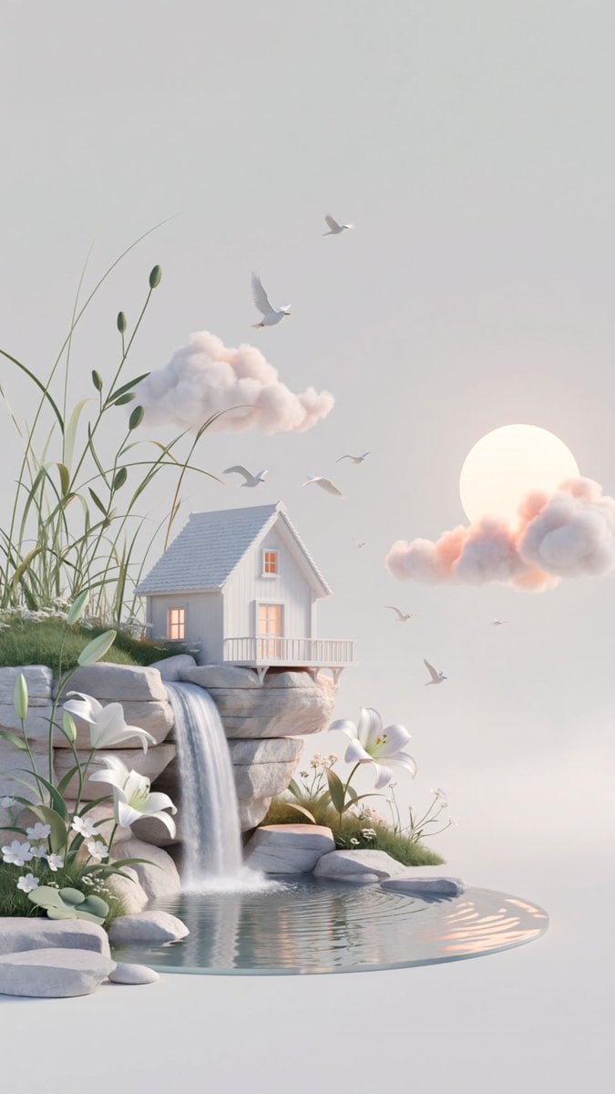 dreamy surreal 3D illustration, vertical composition with a minimalist …