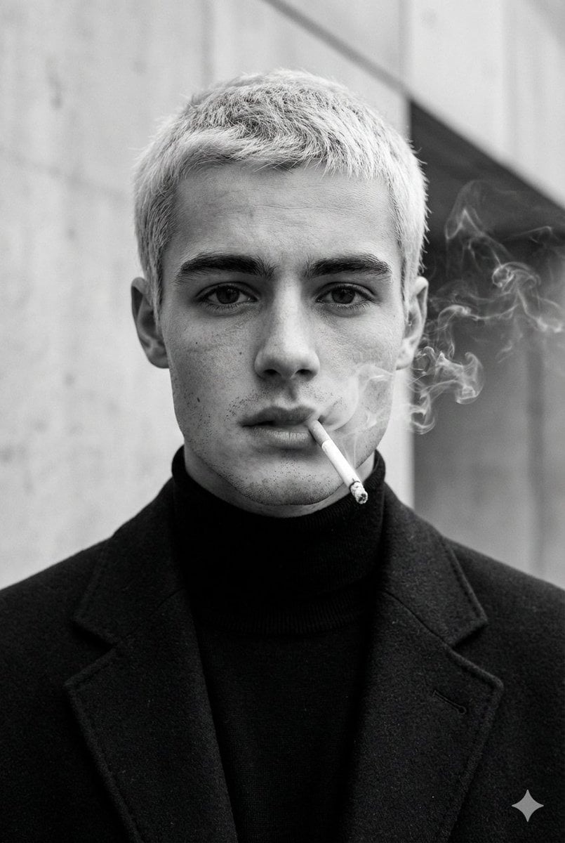 Ultra-realistic fashion black and white portrait of a man with short li…