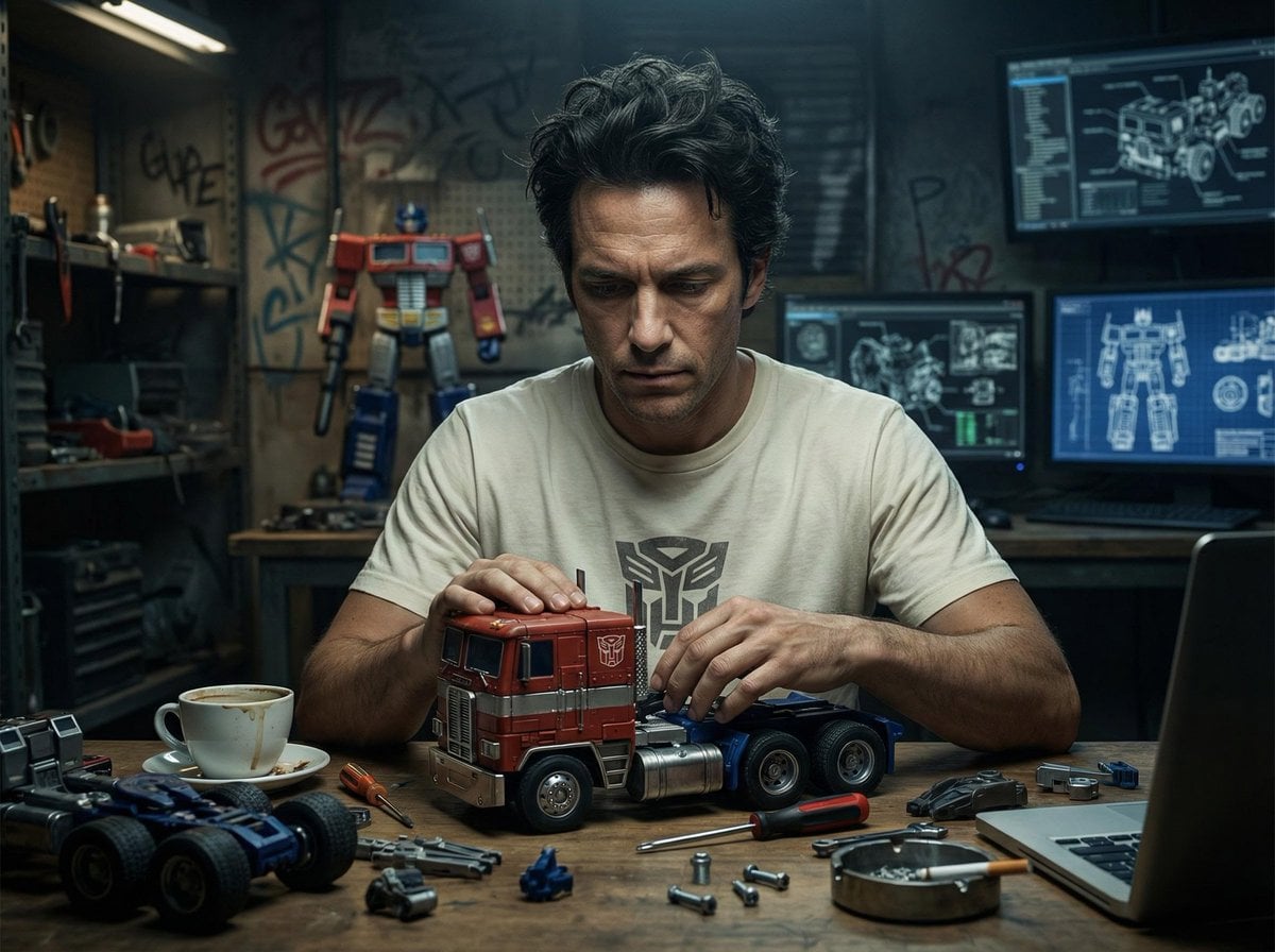 { "title": "Optimus Prime Toy Assembly Workshop", "style": "Hyper-reali…