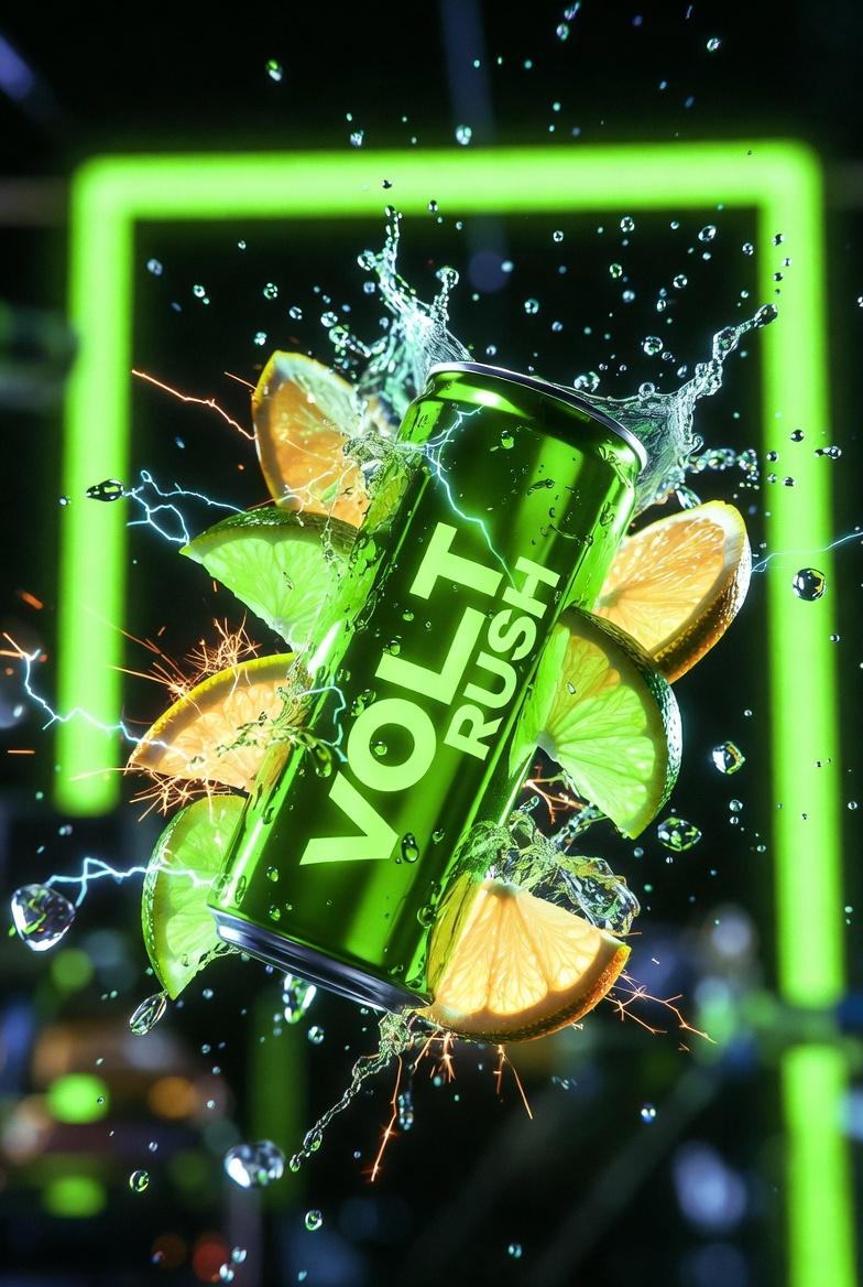 Ultra-cinematic product photography of a neon-green energy drink can la…