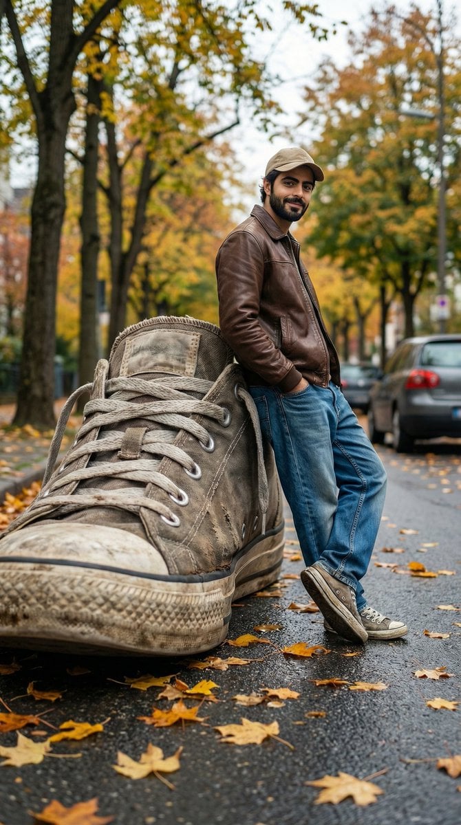 A cinematic forced-perspective street photography scene where a giant w…