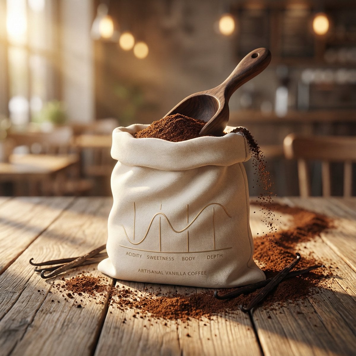 Luxury product photography of artisanal vanilla ground coffee packaged …
