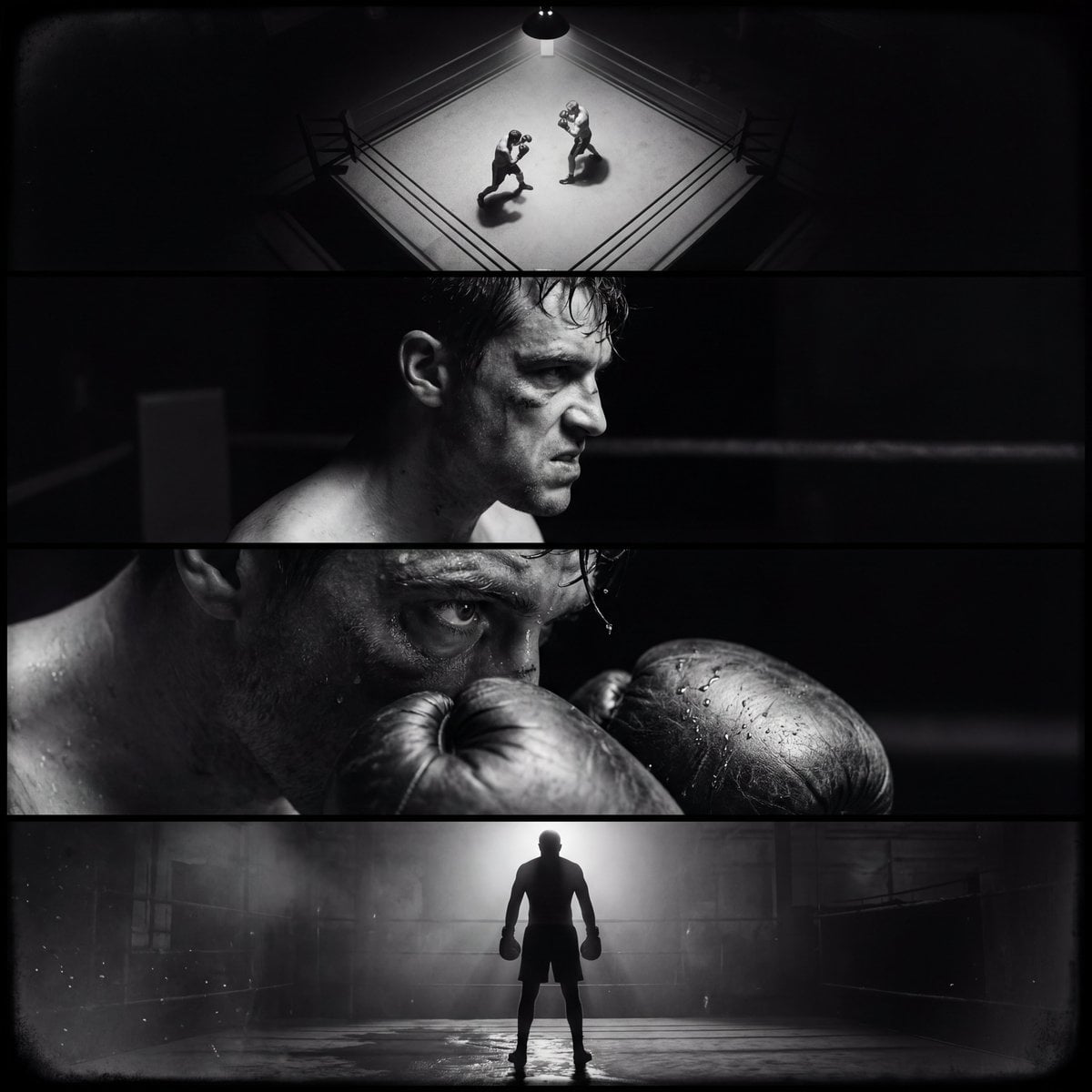 Create a single film noir–style cinematic image divided into four horiz…