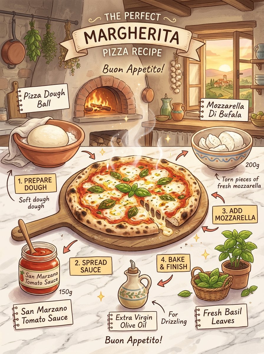 margherita pizza recipe infographic, Studio Ghibli inspired illustratio…
