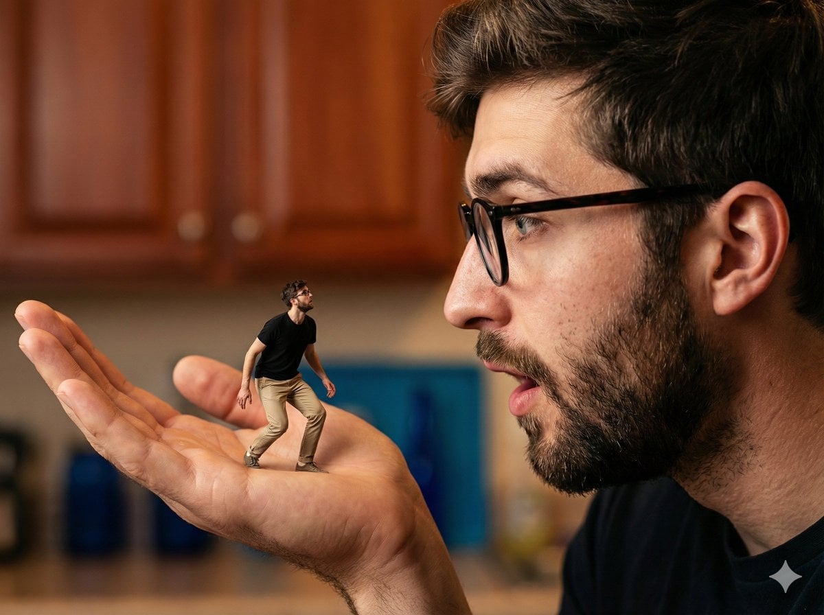 A hyper-realistic, surreal composite shot utilizing forced perspective …