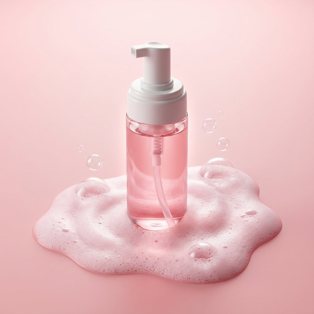 Premium minimalist skincare product photography. A translucent pink liq…