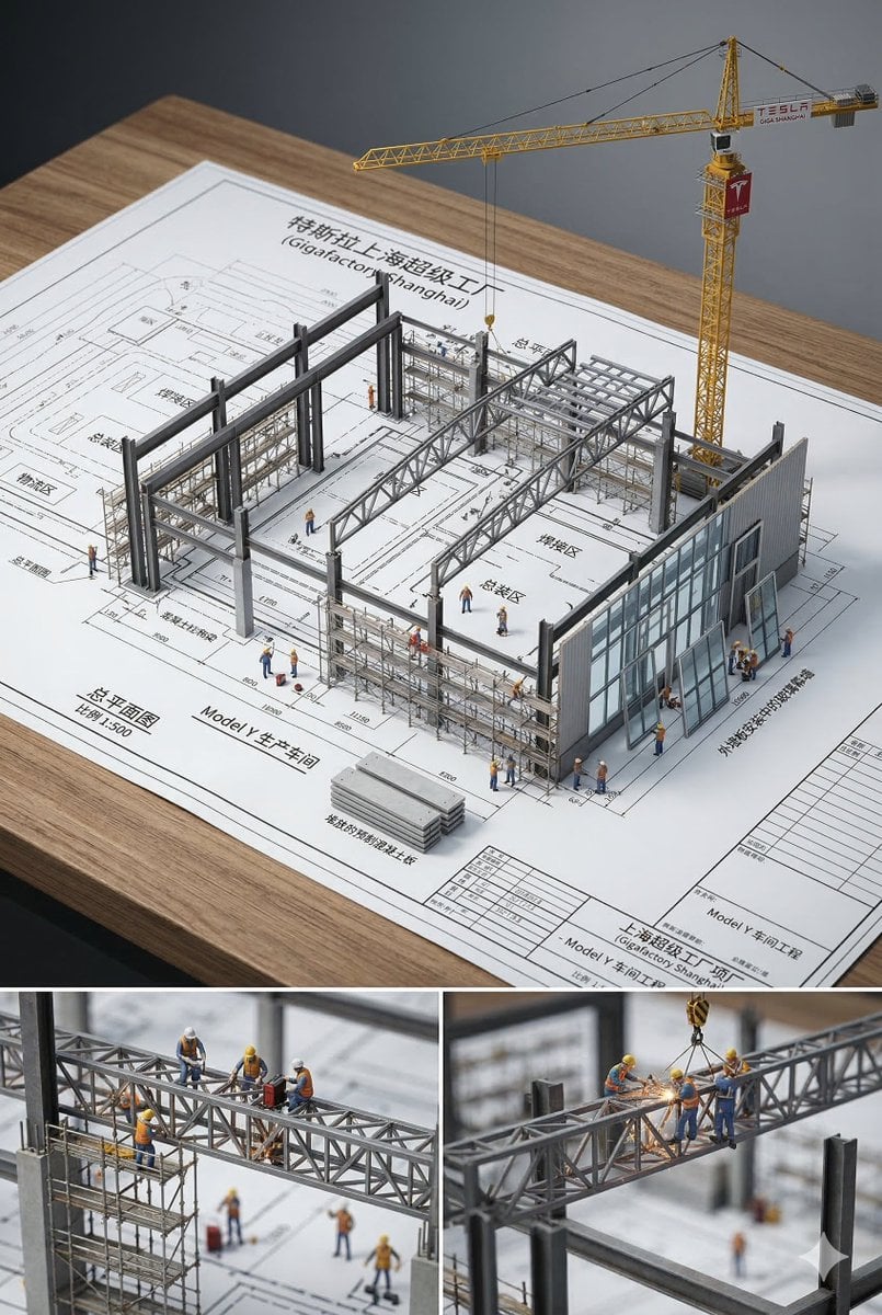 An architectural blueprint of {BUILDING_NAME} placed on a {SURFACE}, wi…
