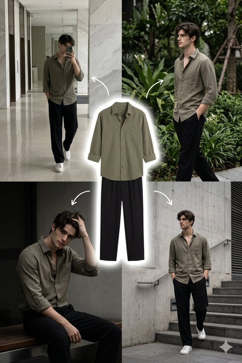 A stylish young man with medium-length wavy dark hair and a clean face,…