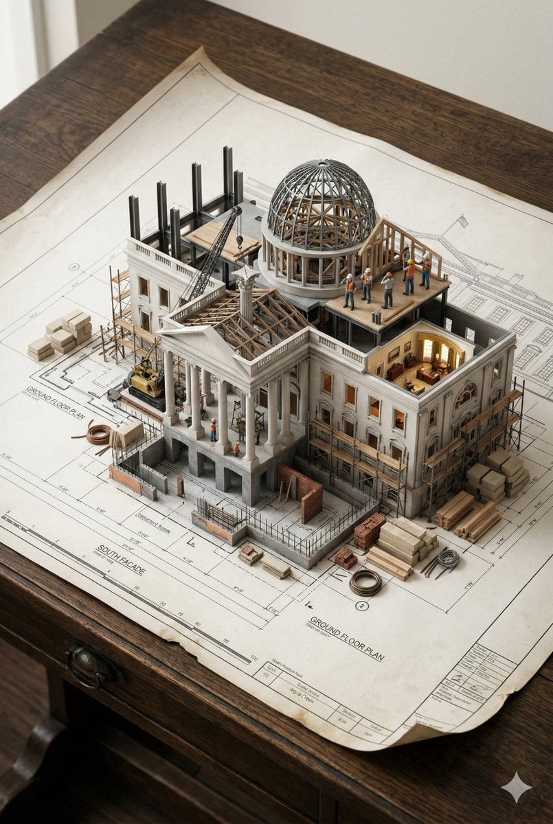 An architectural blueprint of [BUILDING_NAME] placed on a {SURFACE}, wi…