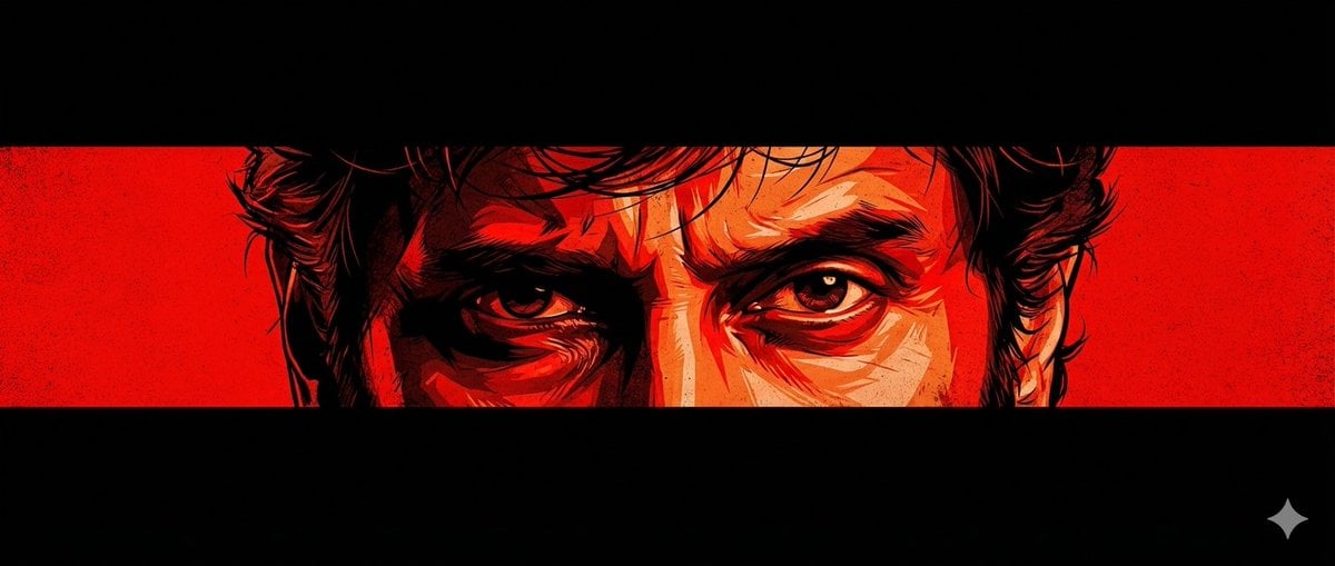 A cinematic poster-style artwork featuring an intense close-up of a man…