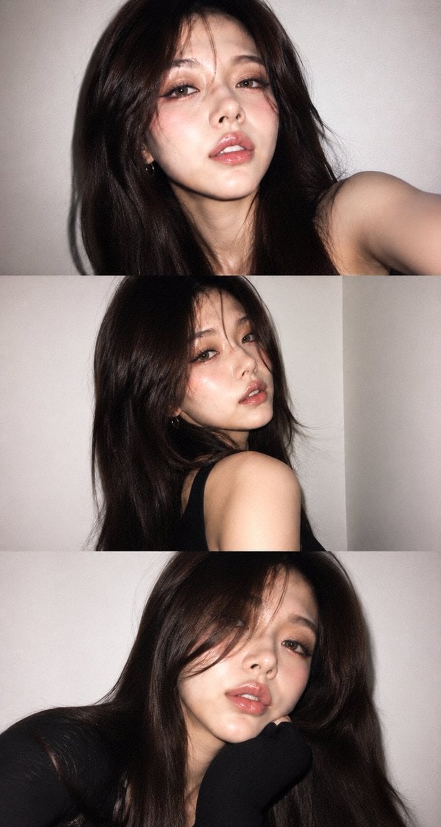 A vertical collage of three YZK photos. Using the uploaded selfie as th…
