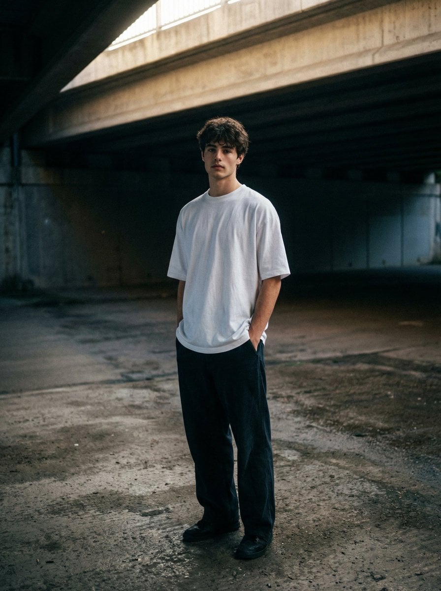 A moody, urban portrait of me standing under a desolate concrete overpa…