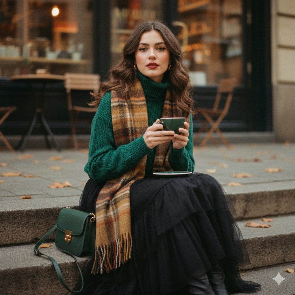 A cinematic 1970s-inspired fashion portrait of a young woman seated on …