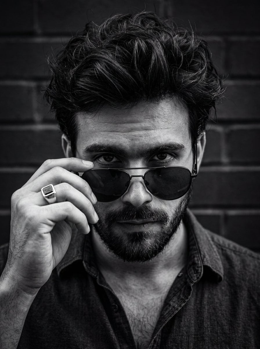 A close-up, high-contrast black and white portrait of a man looking dir…