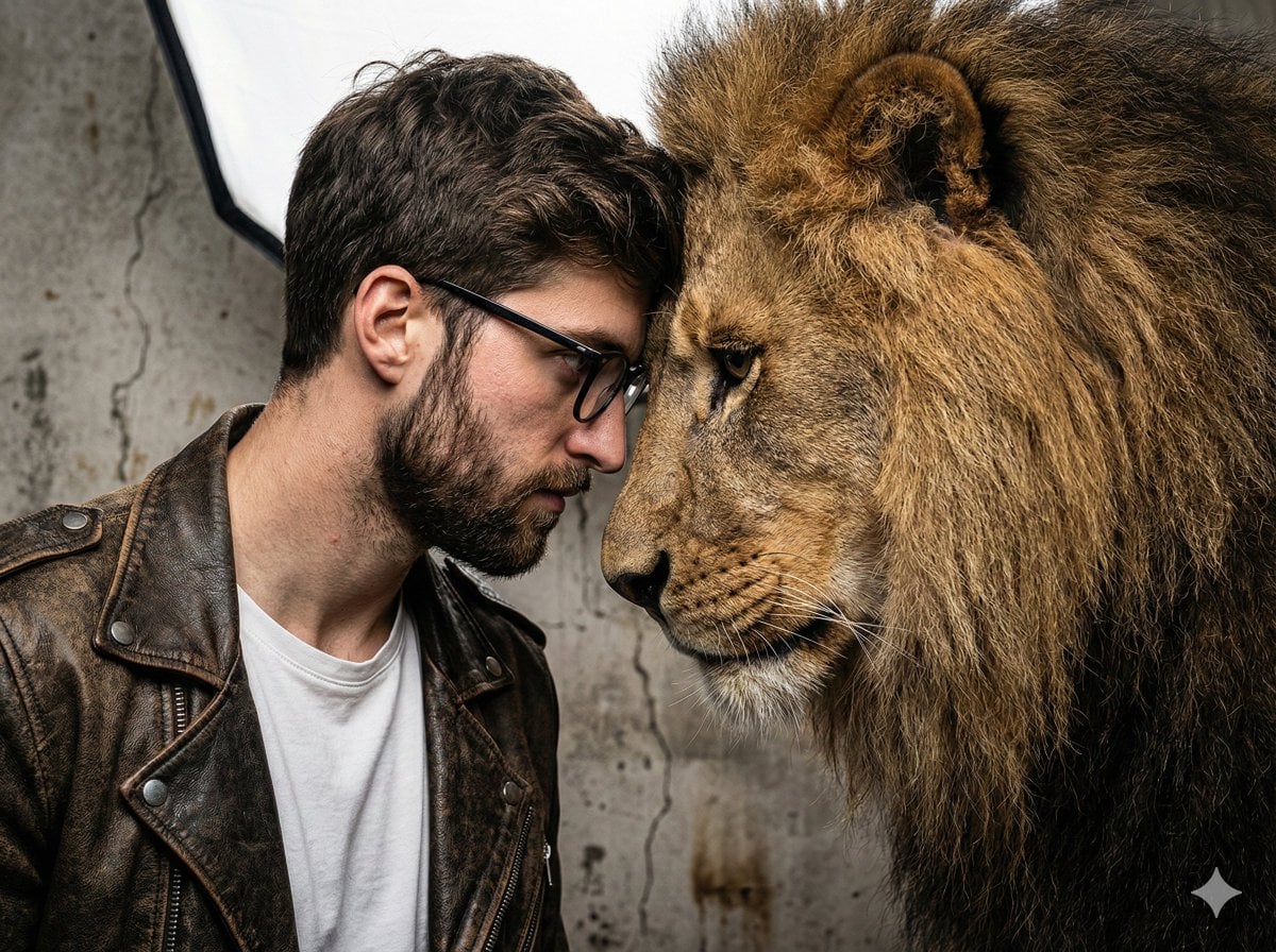 A gritty, intense portrait of a man, a friend of real lion, captured in…