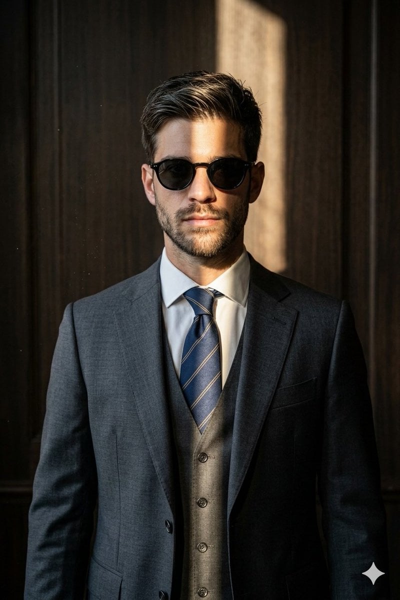 A professional and sharp portrait of the same man from with identical f…