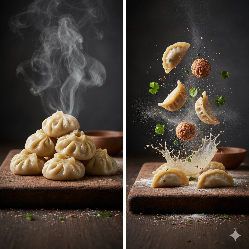 { The Cinematic Momo Duo Subject & Scene * Finished Dish: Freshly steam…