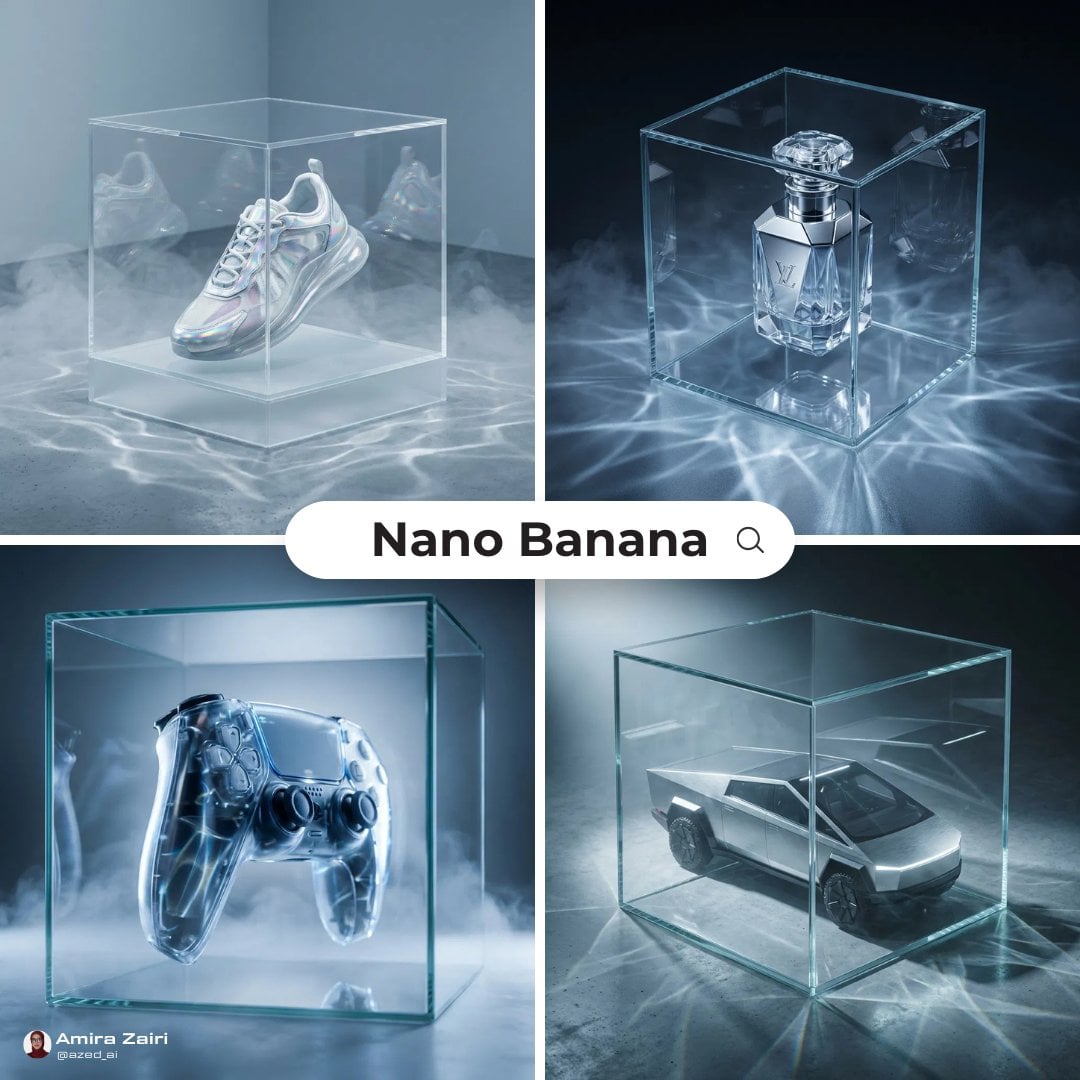 [product], futuristic high-end ad, transparent glass cube enclosure, ca…