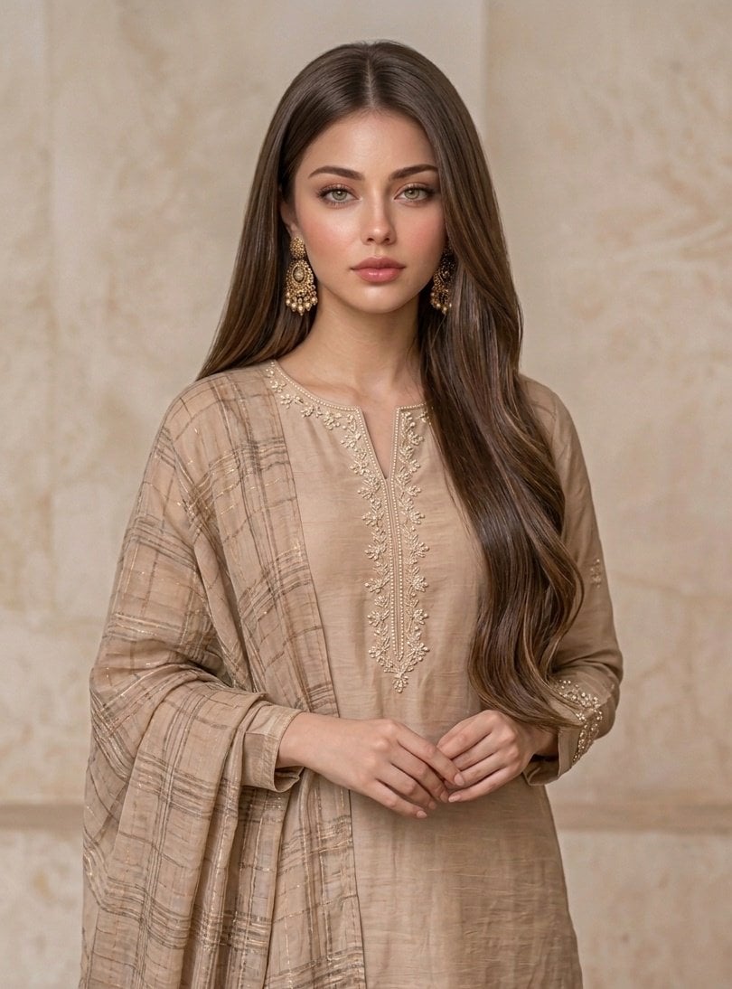 A professional fashion portrait of a beautiful young South Asian woman.…