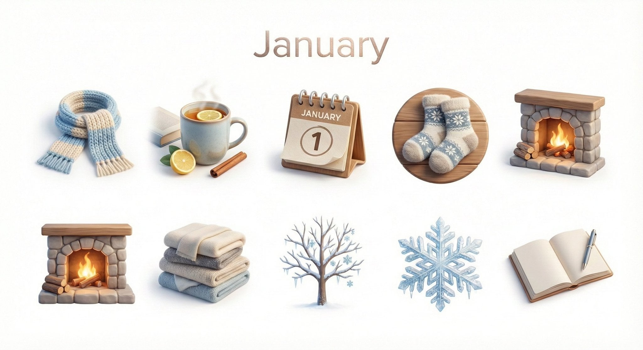 Create a collection of icons representing [Month] through objects, symb…