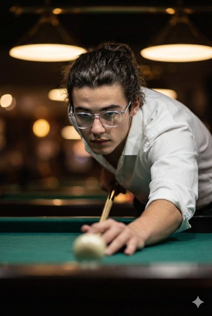 Cinematic ultra-realistic close-up of a man taking a billiards shot, ca…