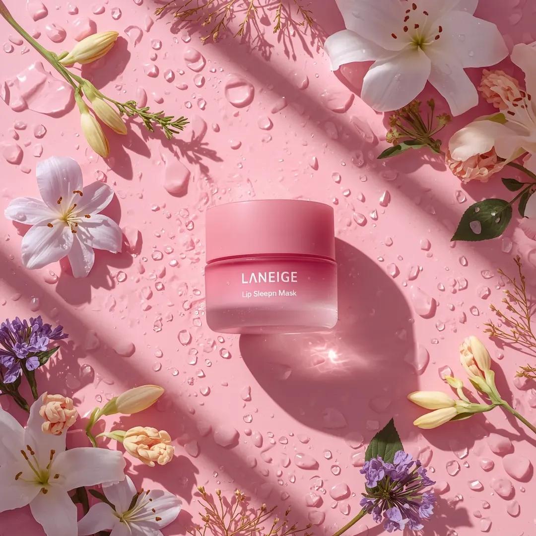 A hyper-realistic beauty product photograph of a pink [LANEIGE Lip Slee…