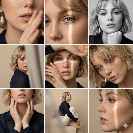 Editorial 3x3 photo grid in a clean soft beige studio. Character (match…