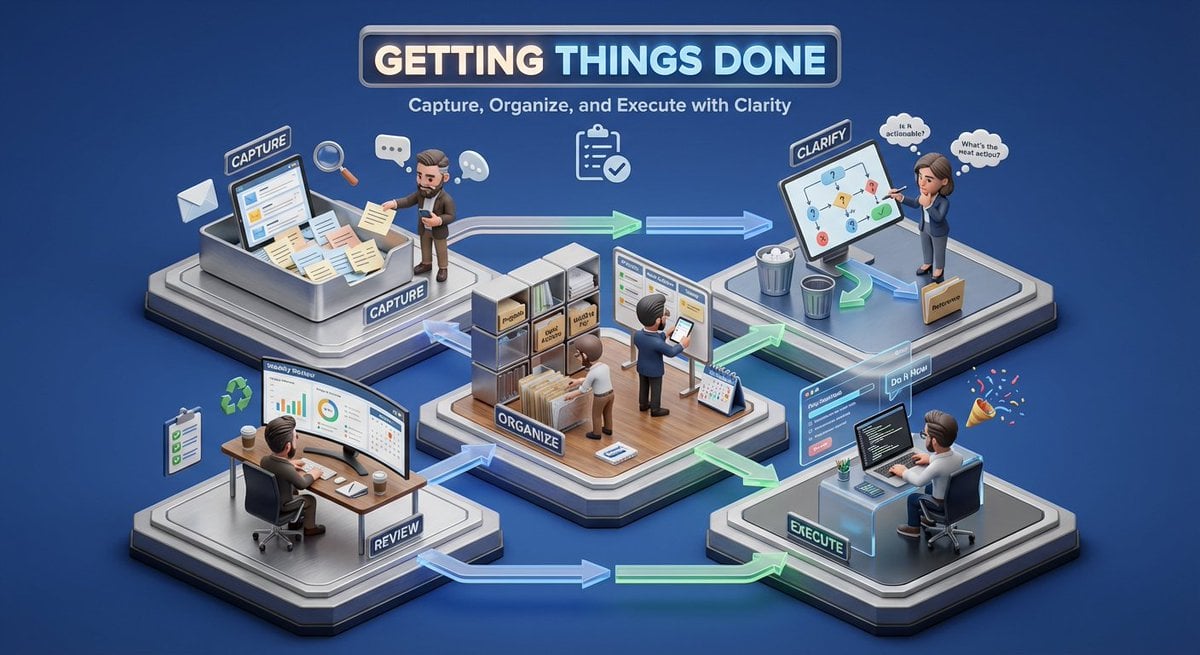 Create a 3D isometric miniature diorama showcasing the productivity sys…