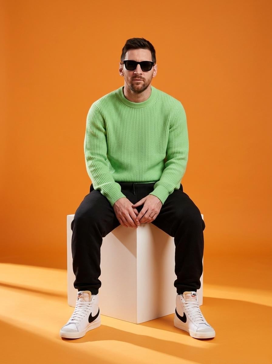 A stylish male model sitting on a white cube in a minimalist studio wit…